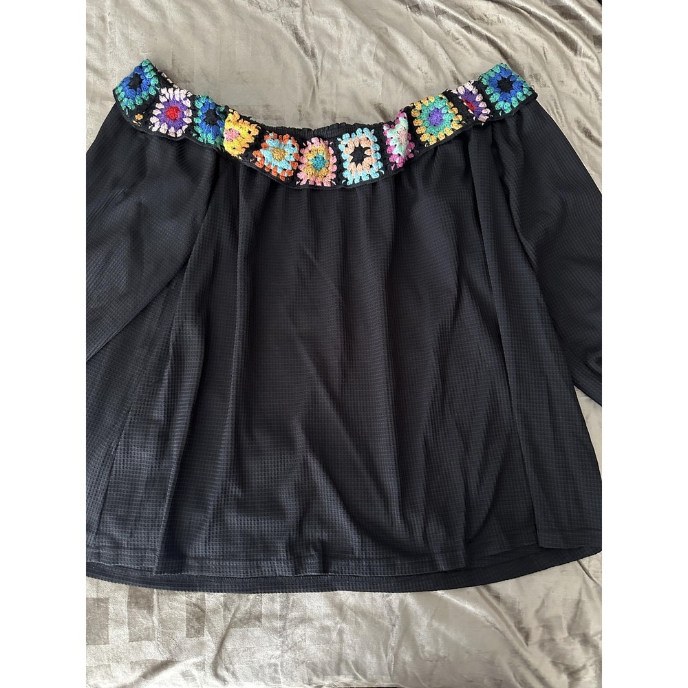 Shein Curve Off Shoulder Tunic Top 5XL Black Crochet Granny Square Trim L/S Boho